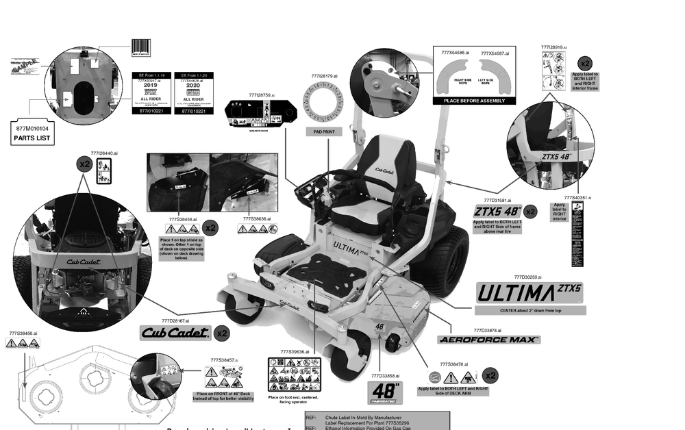 Label Map Diagram and Parts List for ZTX5-48KW (47RIAAA6010)(2020) Cub Cadet Lawn Tractor